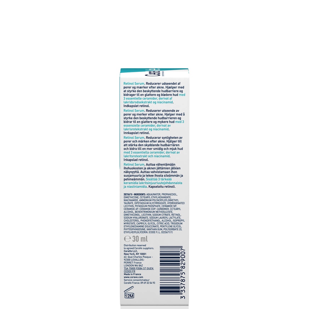 CeraVe Resurfacing Retinol Serum with Ceramides & Niacinamide for Blemish-Prone Skin 30ml, Clear