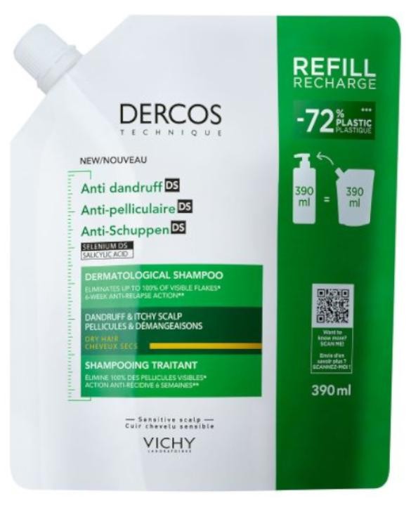 Vichy Dercos Shampoo - 390ml Refill Pouch - Daily Balancing Cleanser for Normal to Oily Hair - Face the Future