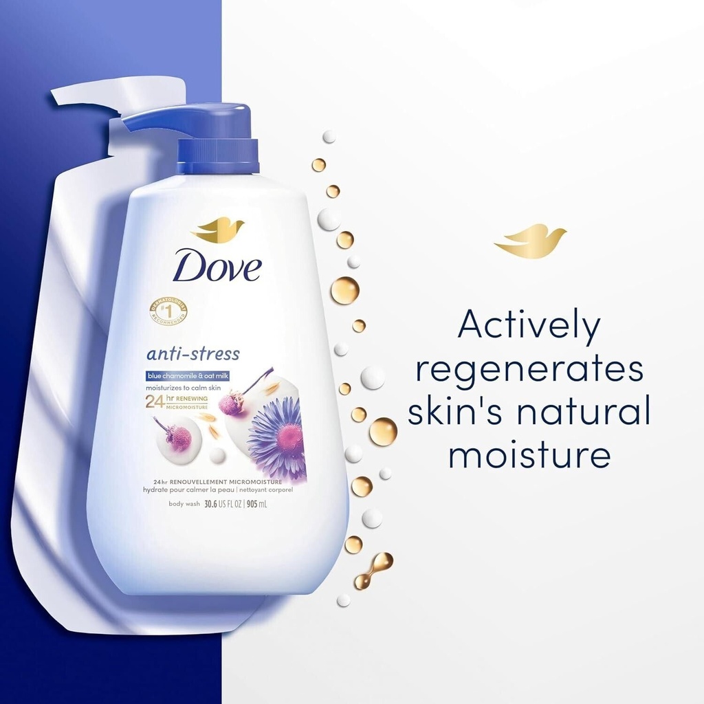 Dove Body Wash for 24h Lotion-Soft Skin Blue Chamomile & Oat Milk Anti-Stress, 905 Ml 905 Ml