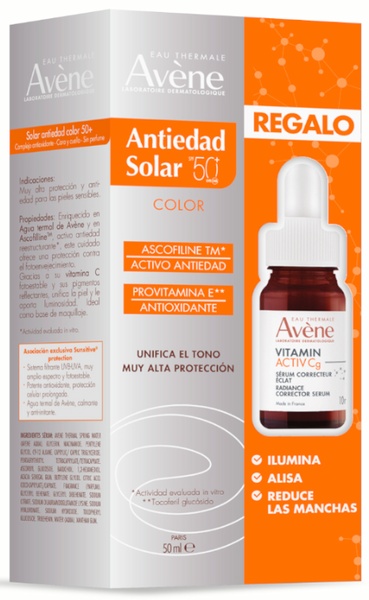 Avene kit Anti-Aging Solar with Color Spf50+ Protector solar 50spf con color + serum de 10ml de vitamina C