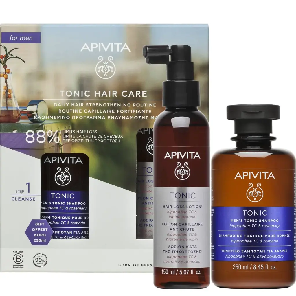 Apivita combo fortalecedor para hombres Tonico y shampoo