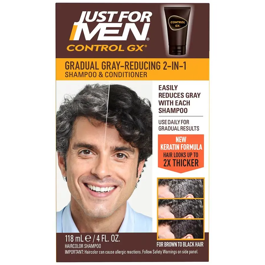 Just for Men, ControlGX Grey Reducing 2 in 1 Shampoo and Conditioner 118ml Shampoo 2 en 1 para caballero para reducir gradualmente las canas (para cabellos castaños/negros)