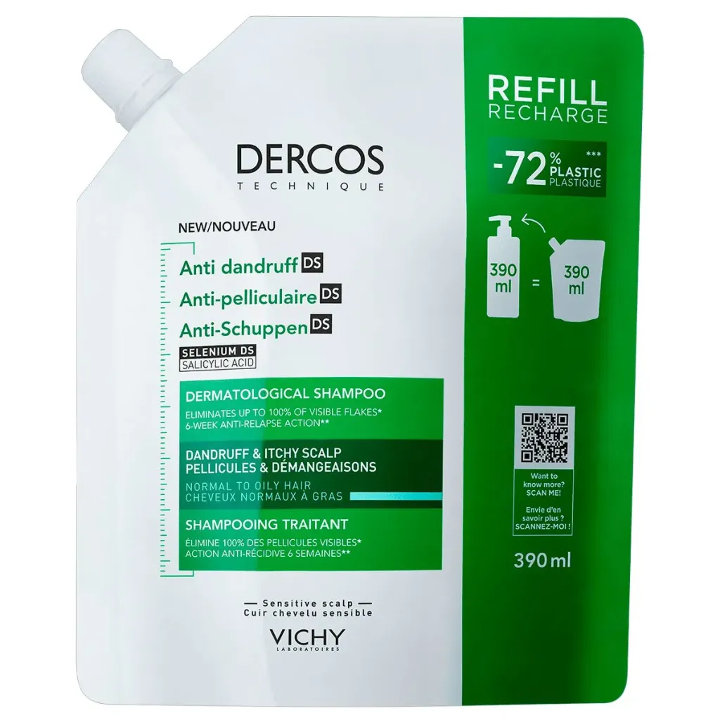 Dercos Anti-dandruff Shampoo Normal to Oily Hair Ecorefill 390ml Shampo anticaspa para cabello graso